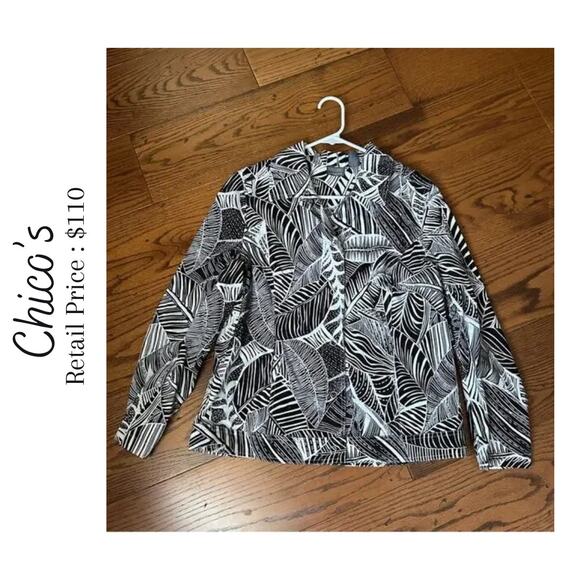 NWOT CHICO’S  Blazer Jacket 100% Cotton Color Black and White Floral Size L (2) - Picture 1 of 6
